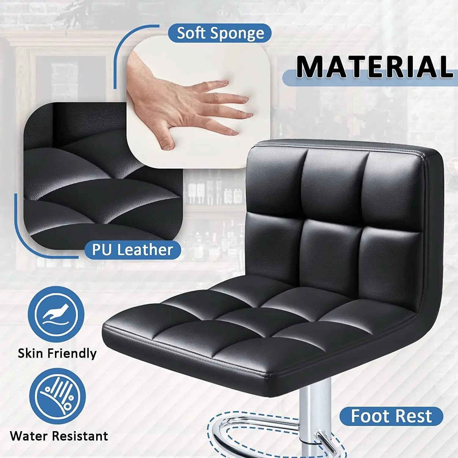 Black PU Leather Adjustable Swivel Bar Stools Set Of 2 from PriceLows™