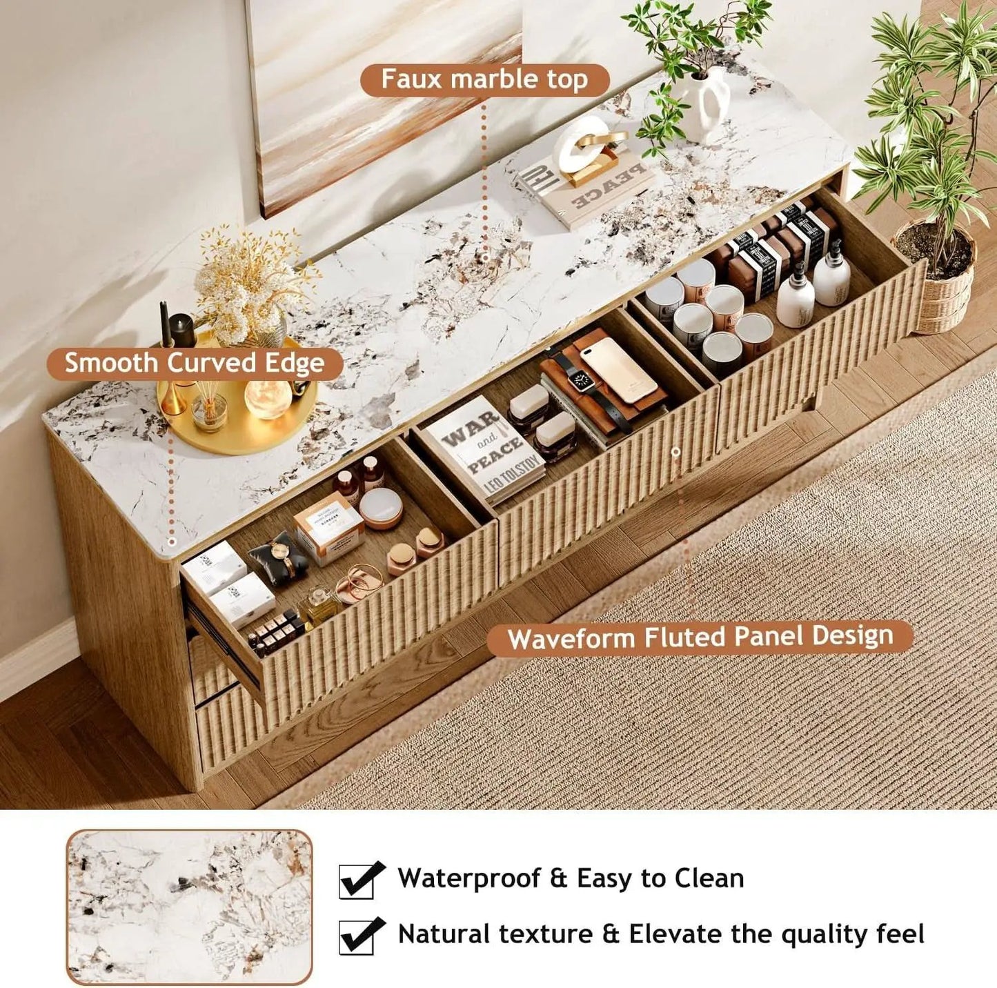 9 Drawer Dresser Chest With PolishedMarbleTabletop from PriceLows™