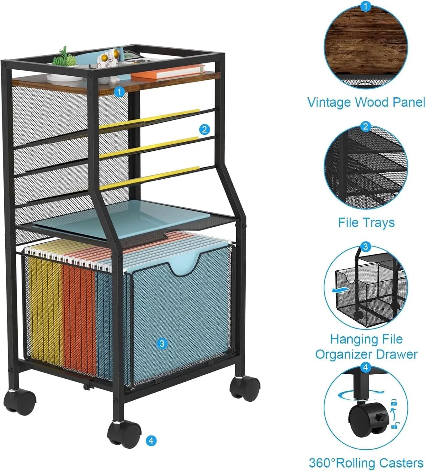 Brown Wood 6 Tier Rolling File Cart With Lockable Wheels from PriceLows™