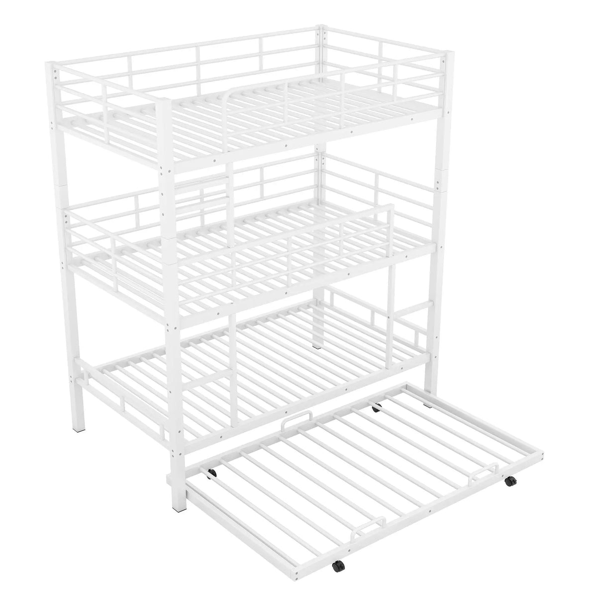 Triple Bunk Bed | Heavy Duty Steel | Built In Trundle | Full Guardrails