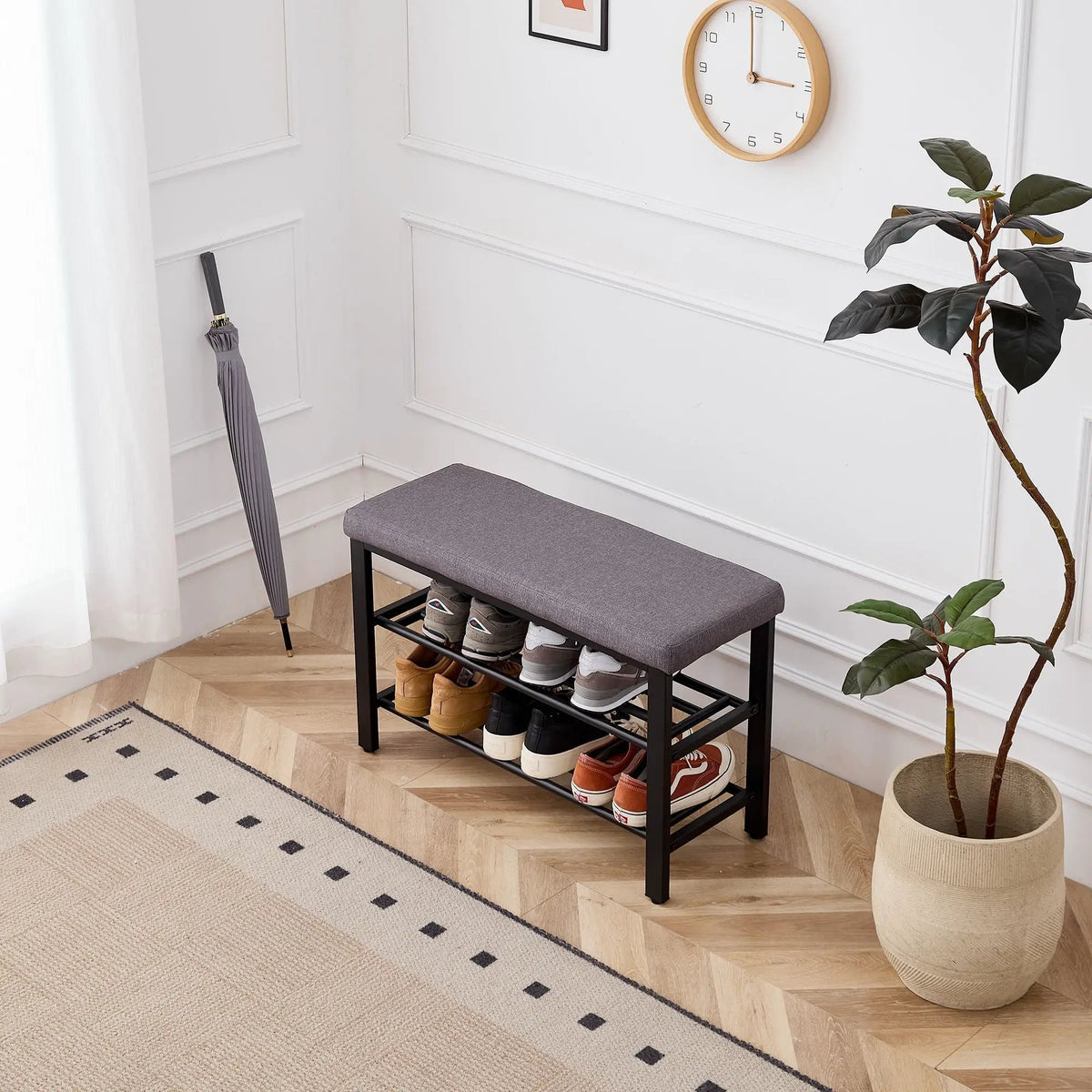 Entryway Shoe Bench | Cushioned Storage Seat | Durable Metal Frame | Hidden Storage Shelf