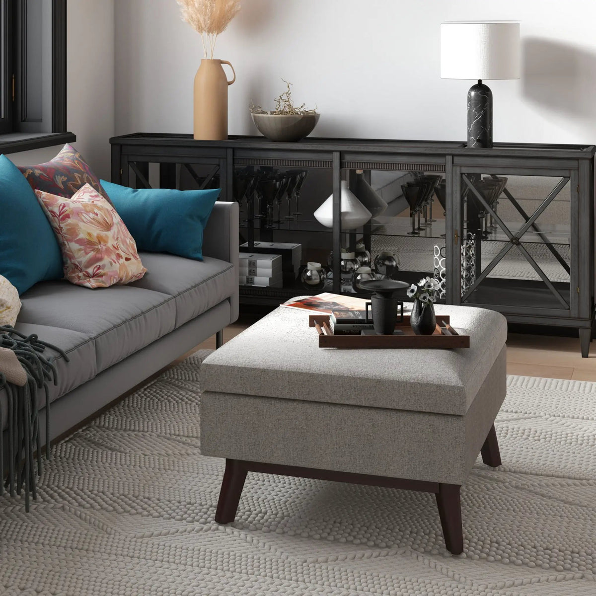 Storage Ottoman | Rectangular Design | Solid Wood Frame | Lift Top