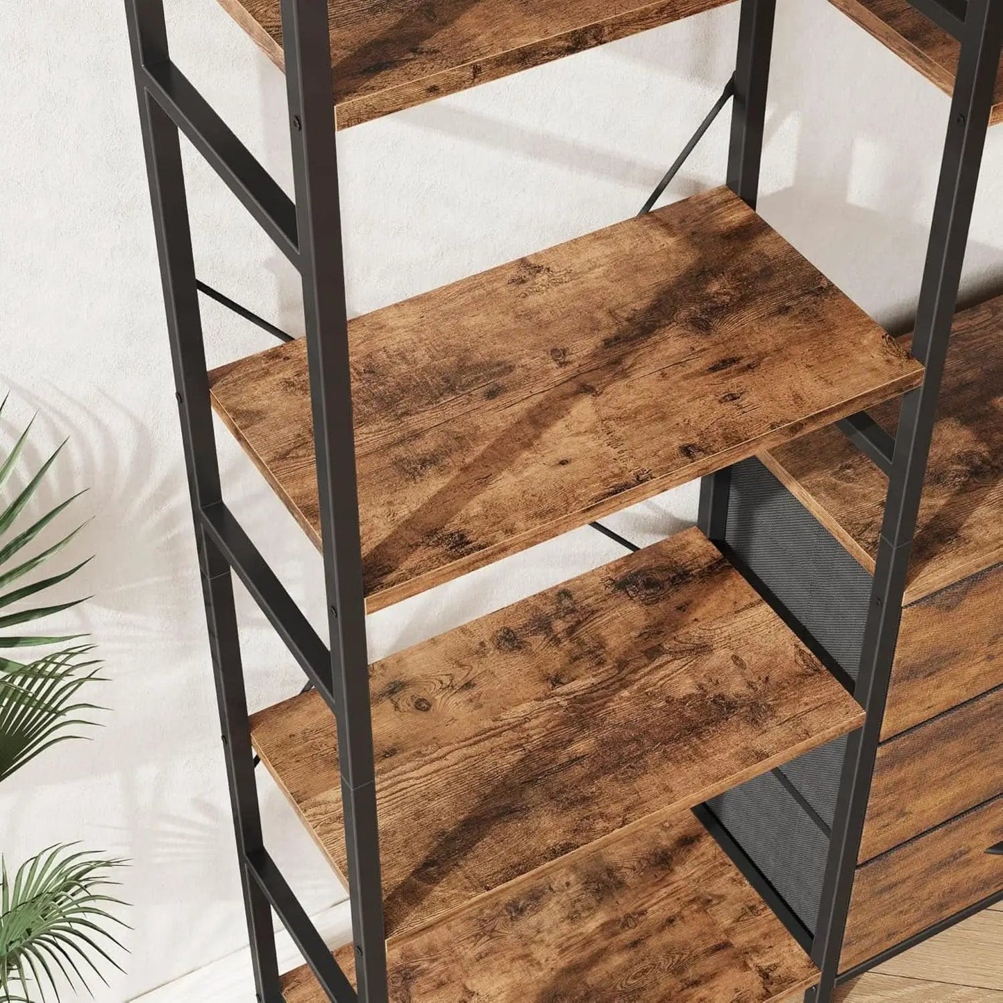 Rustic Brown Triple Bookshelf With Drawers 47 Inch Wide from PriceLows™