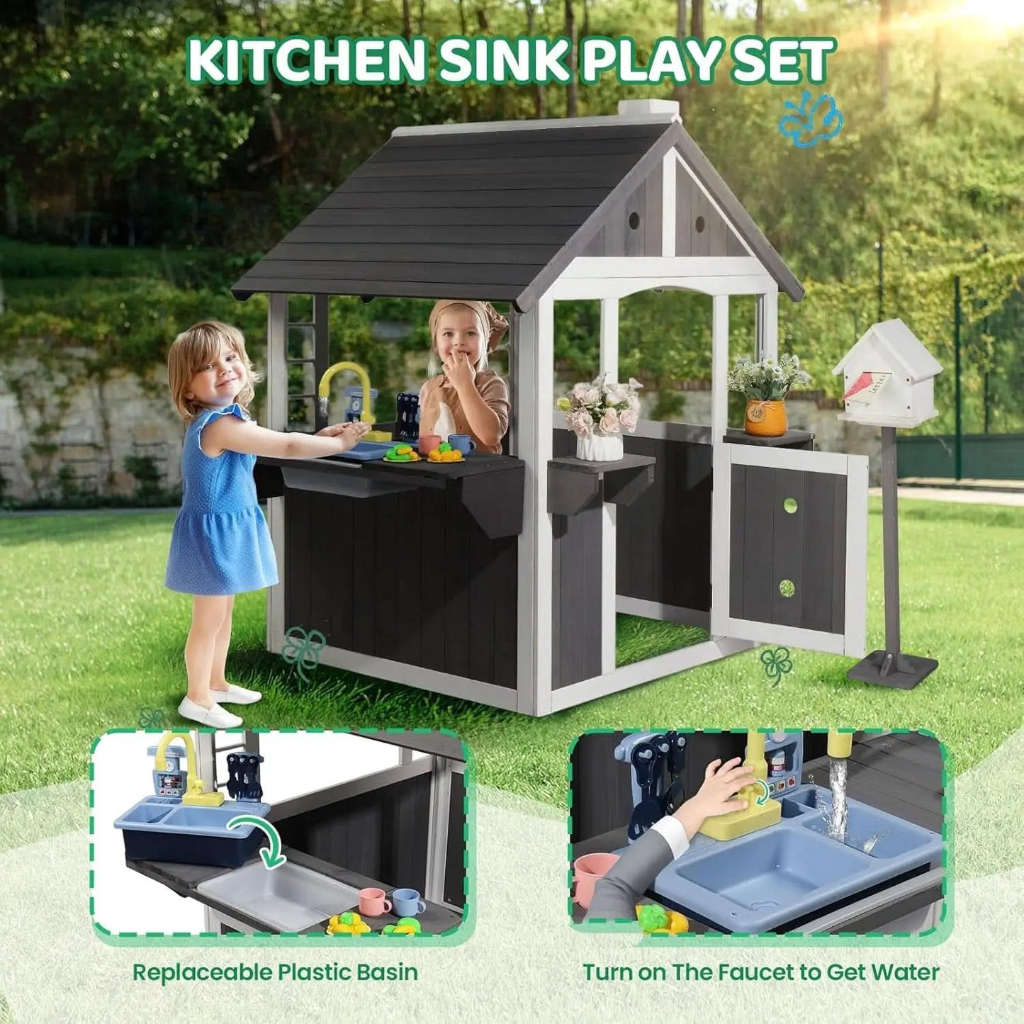 Wooden Outdoor Playhouse Gray White Integrated Sink from PriceLows™