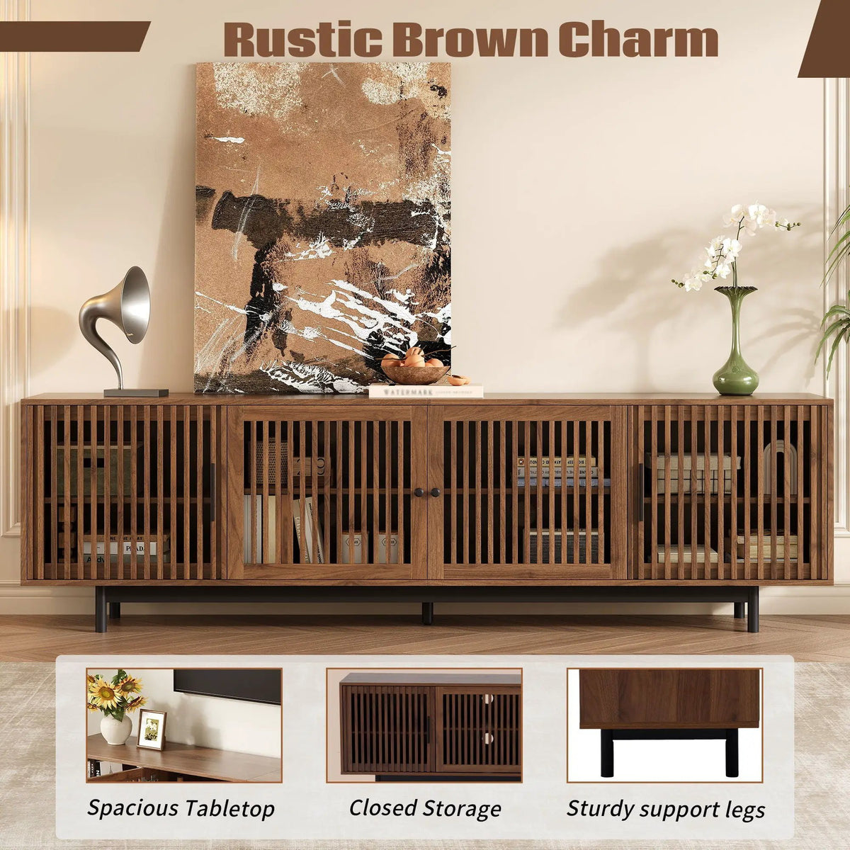 TV Stand | Walnut Finish | Slatted Doors | Cable Management