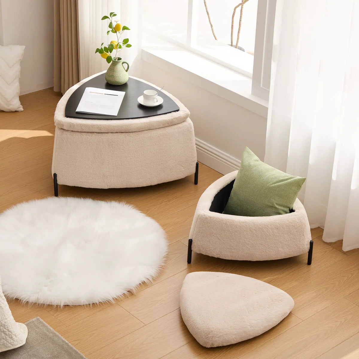 Storage Ottoman Set | Upholstered Faux Fur | Reversible Lid | Solid Wood Frame