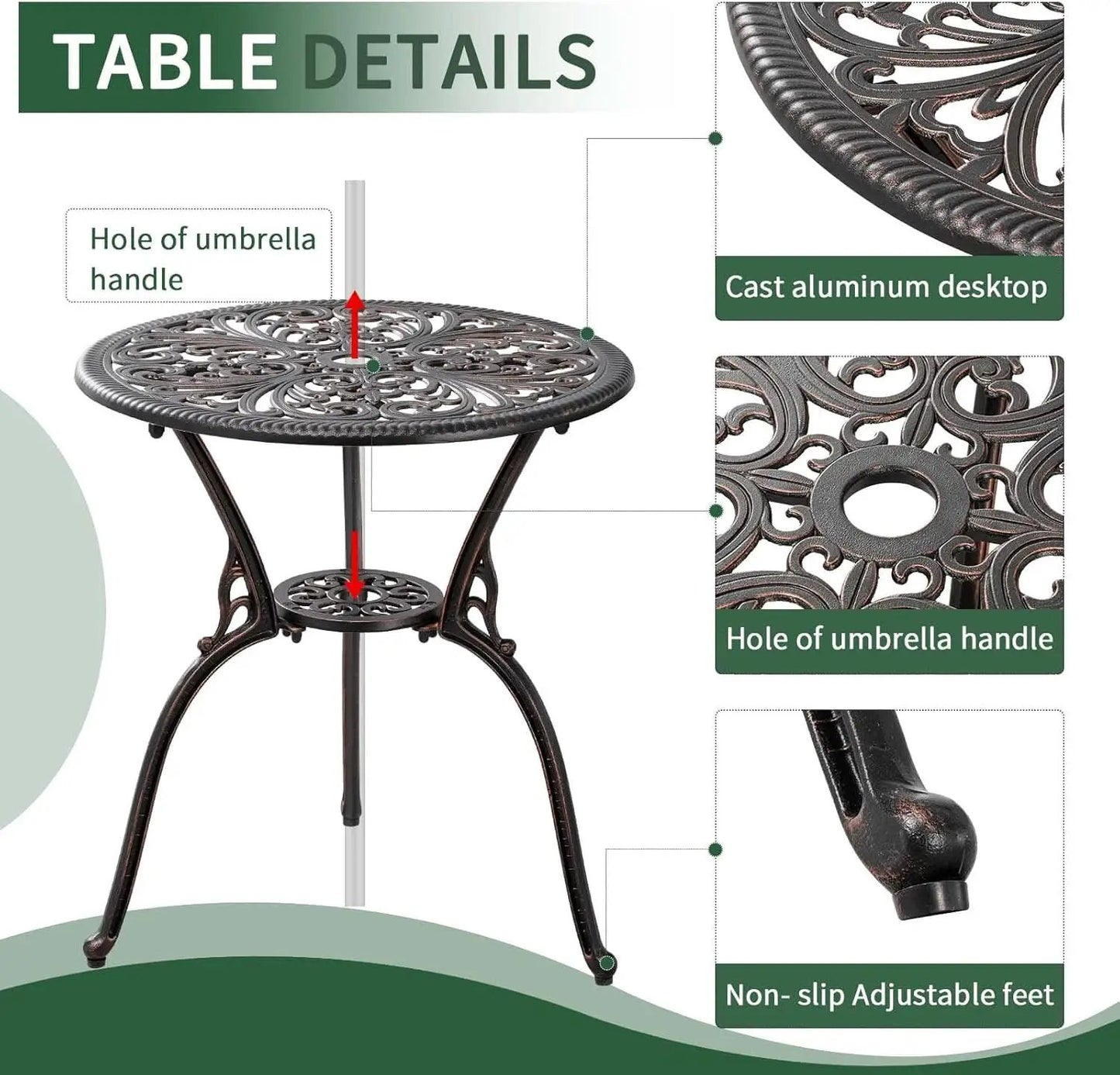 3 Piece Cast Aluminum Outdoor Patio Bistro Set With Umbrella Hole In Brown All Weather Durable from PriceLows™
