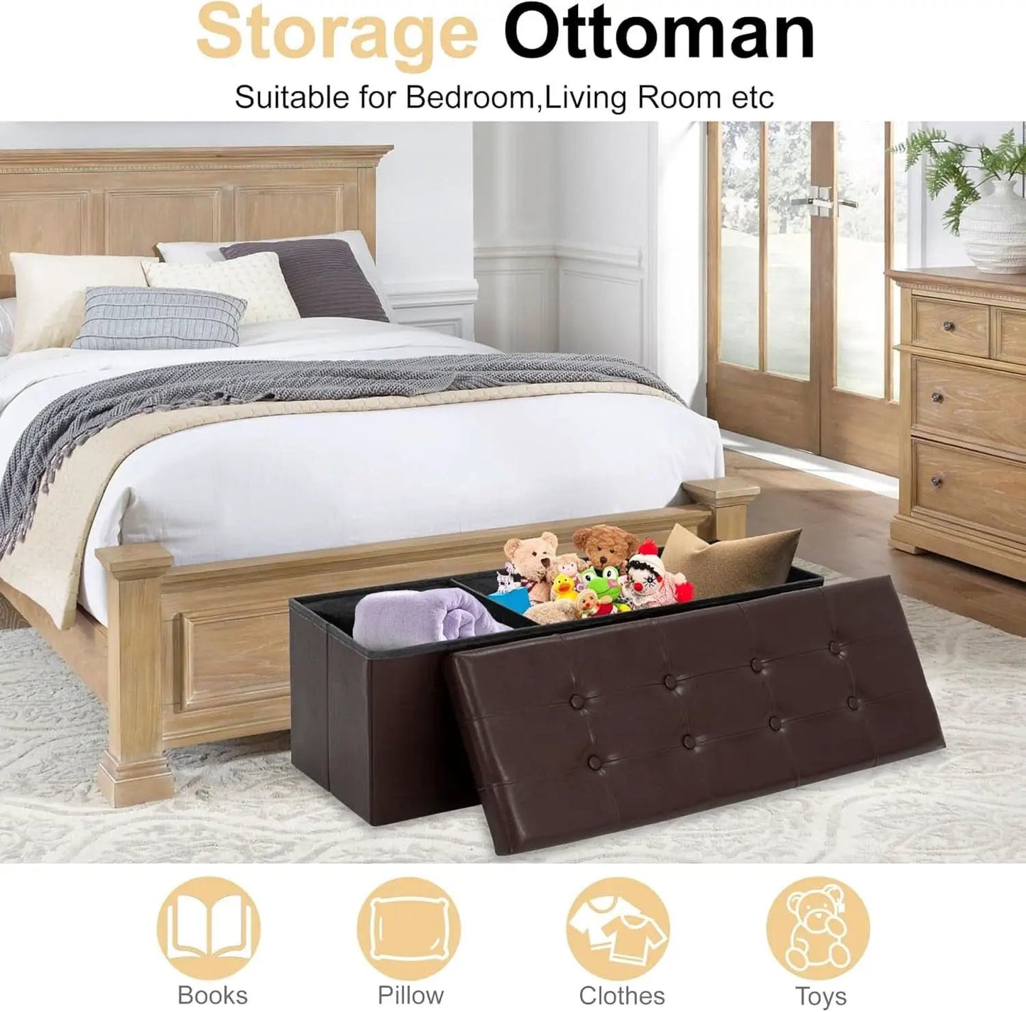 Forty Three Inches Folding Storage Ottoman Bench Brown Leather from PriceLows™