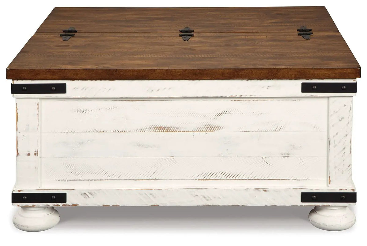 Wystfield Cocktail Table | White And Brown | Distressed Vintage Finish | Door Storage