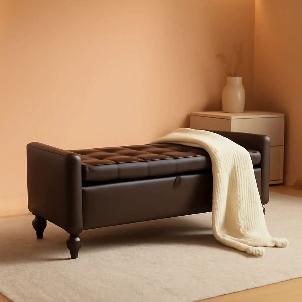 Brown Genuine Leather Storage Ottoman Bench Bedside from PriceLows™