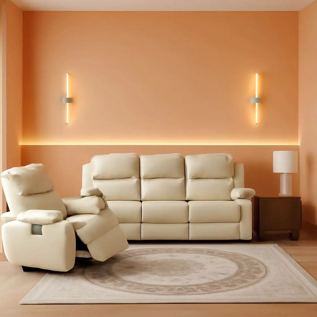 Beige Manual Leather 3 Piece Recliner Sofa Set For Living Room from PriceLows™