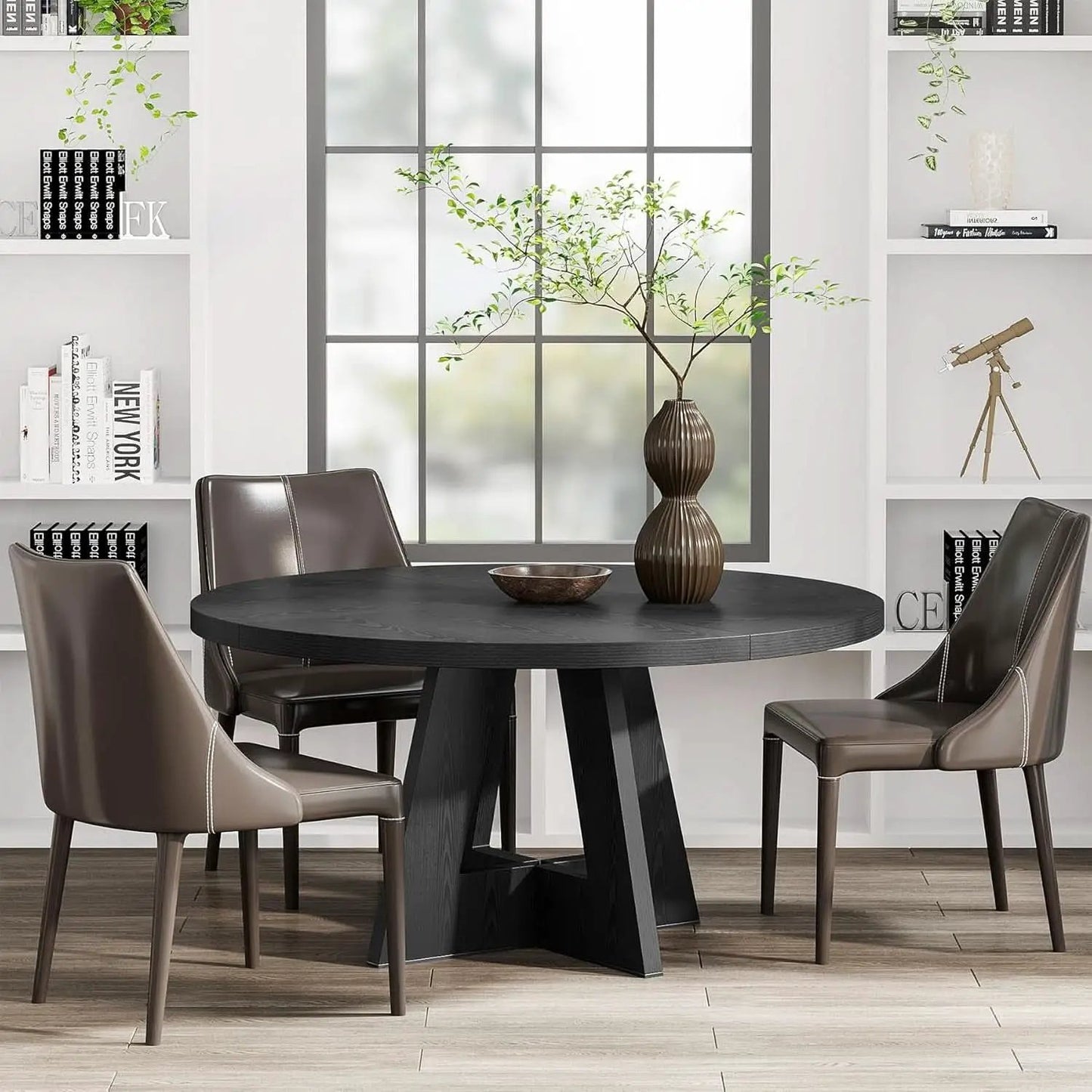 Round Wood Dining Table Farmhouse 47 Inch For Dining Room With Cross Base Black from PriceLows™