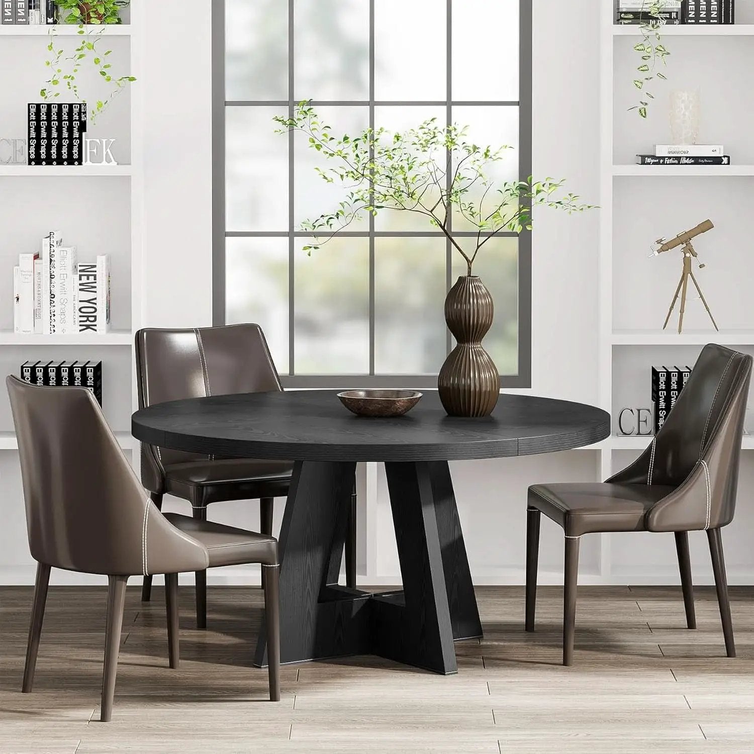 Round Wood Dining Table Farmhouse 47 Inch For Dining Room With Cross Base Black from PriceLows™