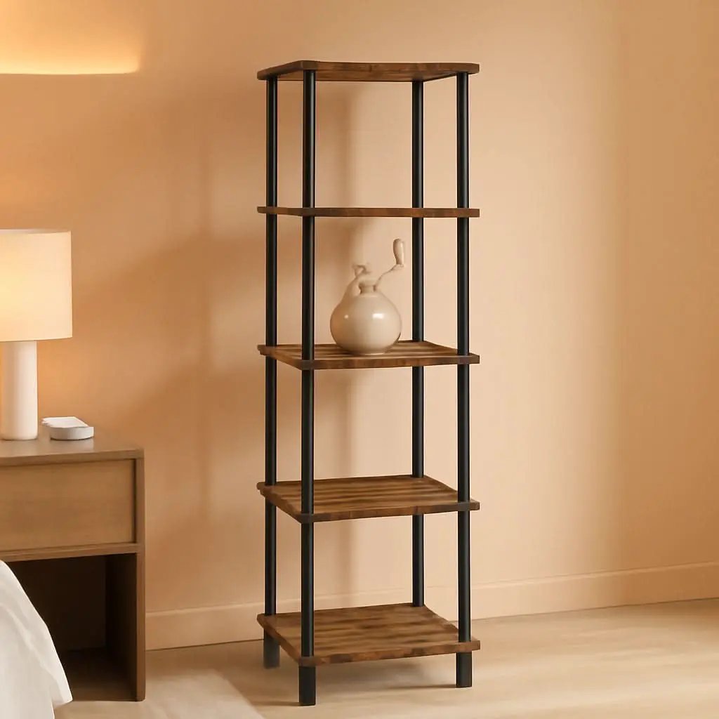 Five Tier Corner Shelf Stand Rustic Brown And Black Bookcase from PriceLows™