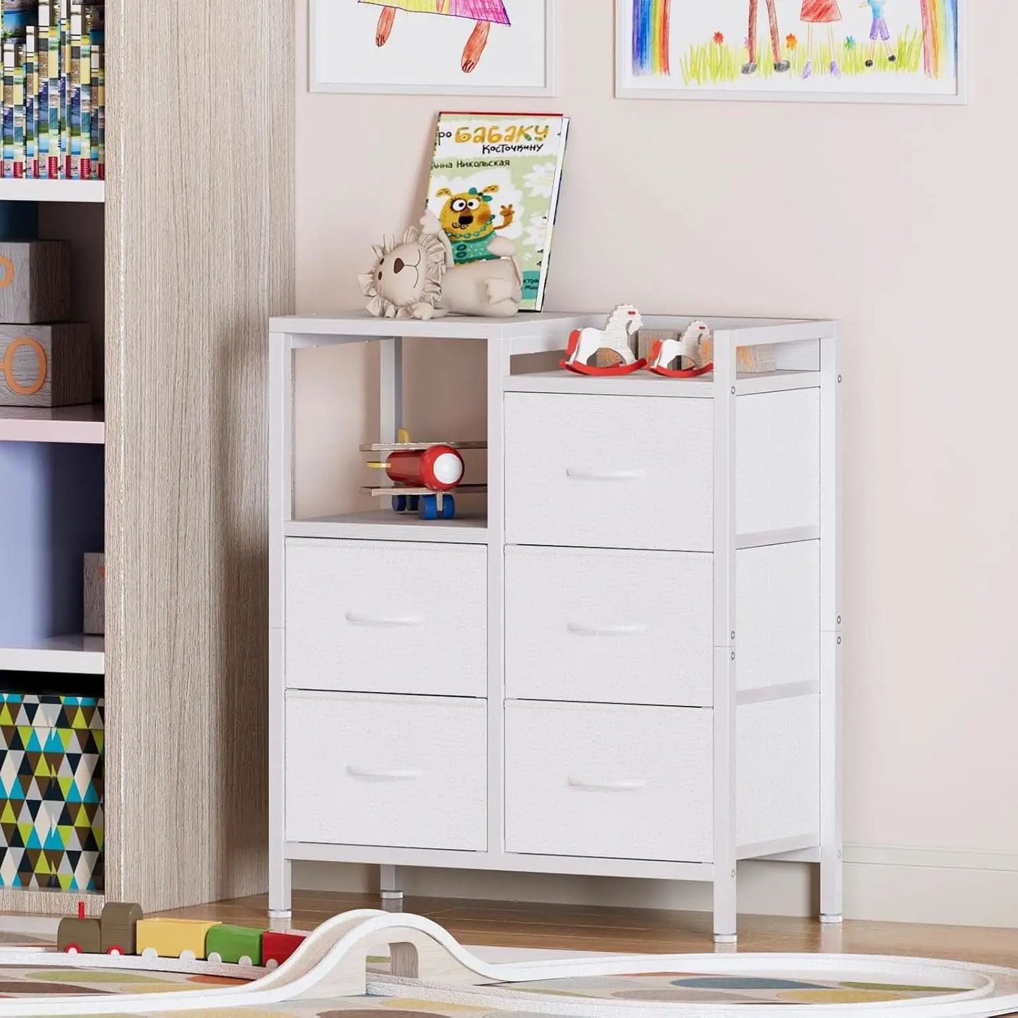 White 5 Drawer Dresser With Metal Frame Bedroom Storage from PriceLows™