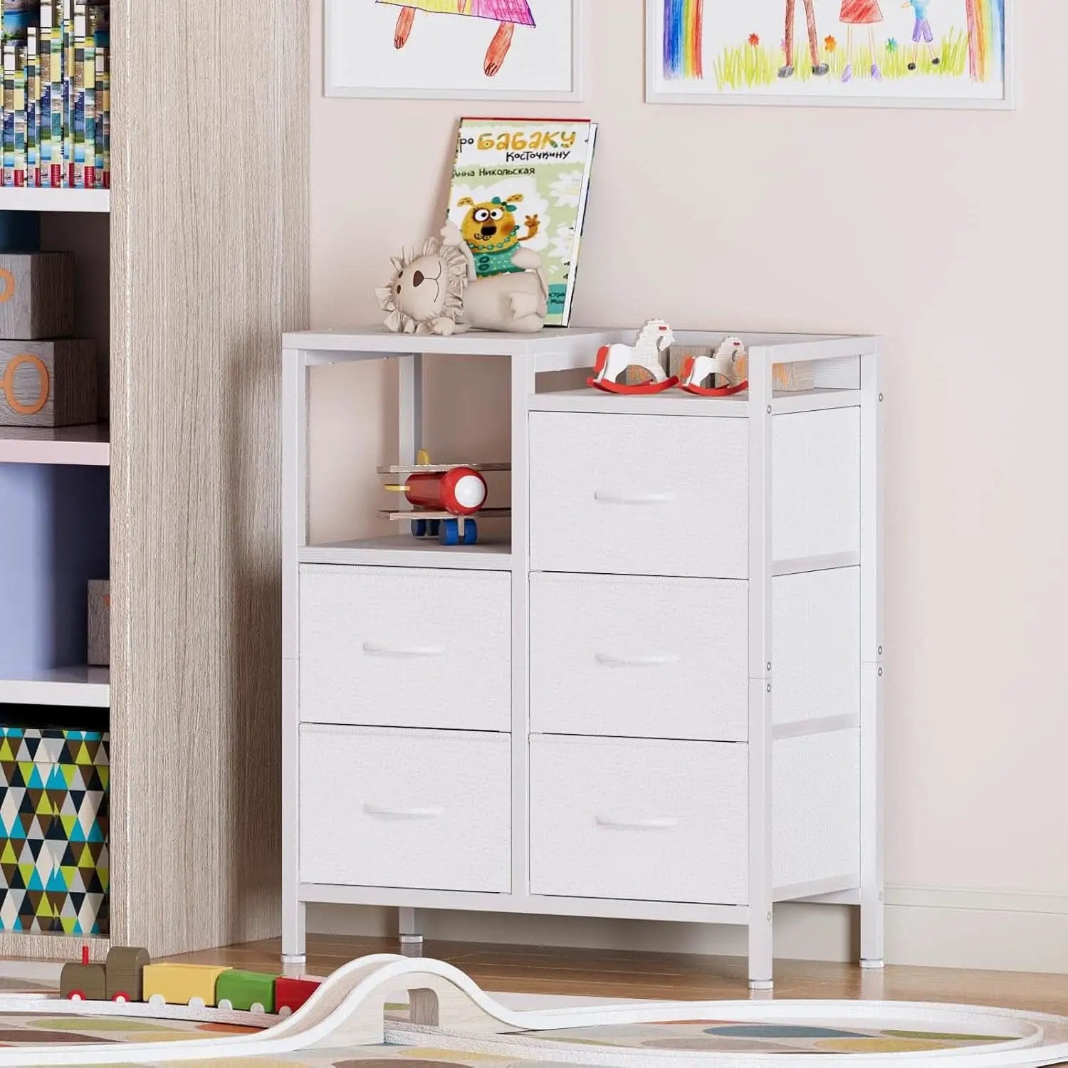 White 5 Drawer Dresser With Metal Frame Bedroom Storage from PriceLows™