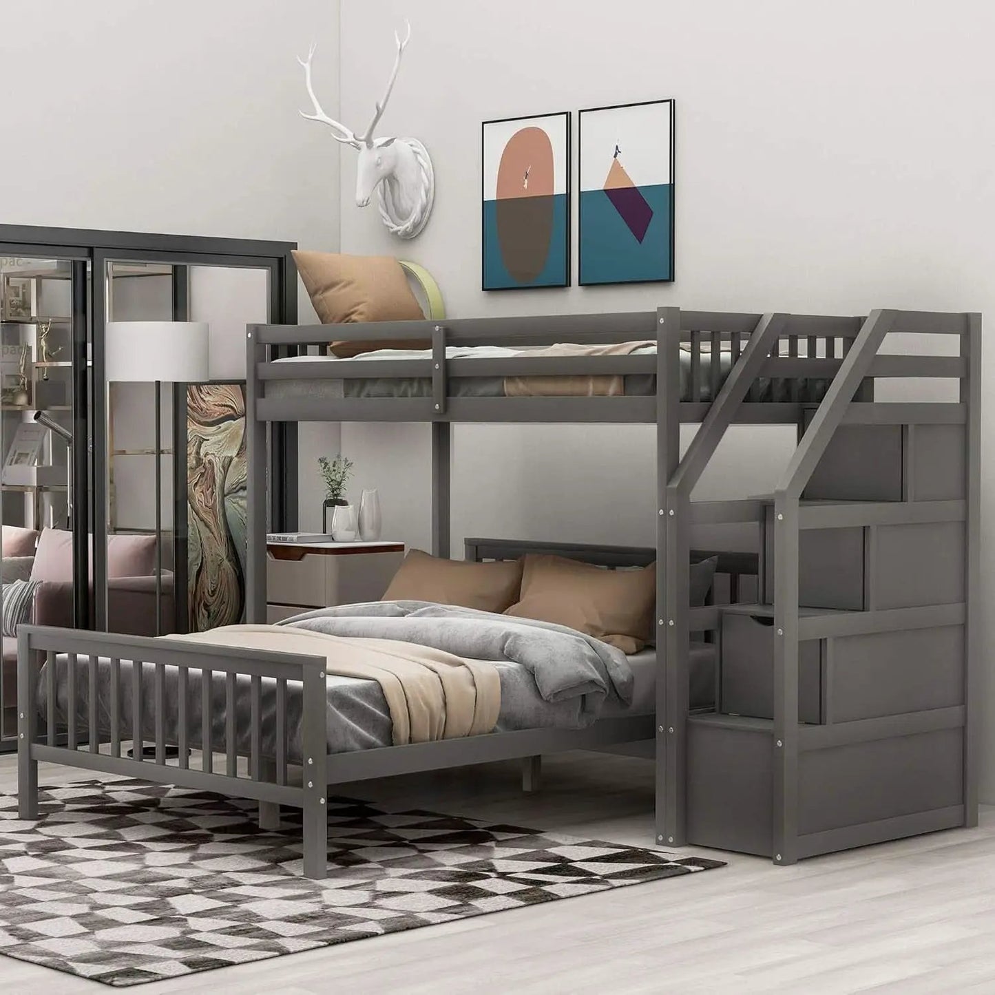 Gray Twin Over Full Bunk Bed With Storage Stairs Solid Wood from PriceLows™