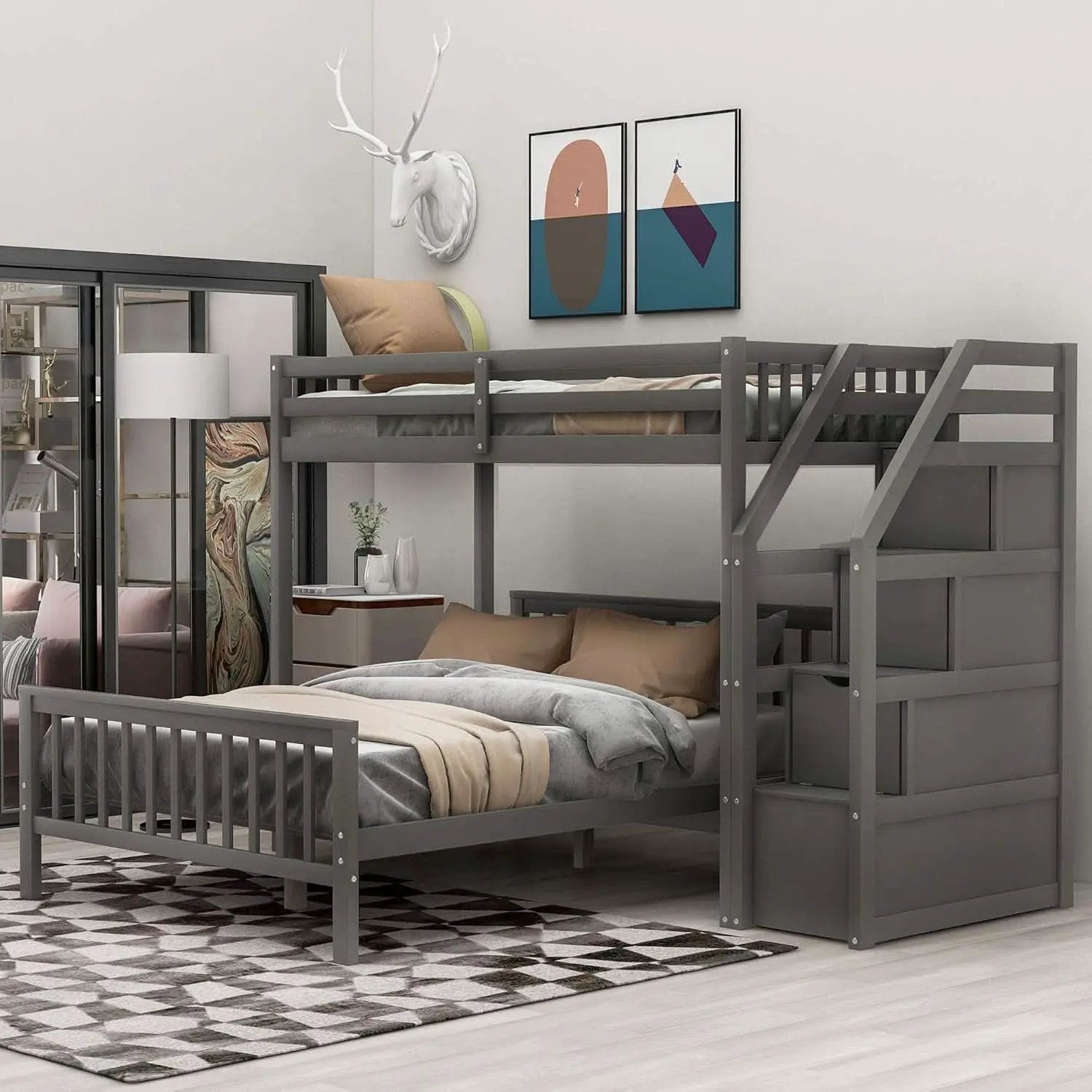 Gray Twin Over Full Bunk Bed With Storage Stairs Solid Wood from PriceLows™