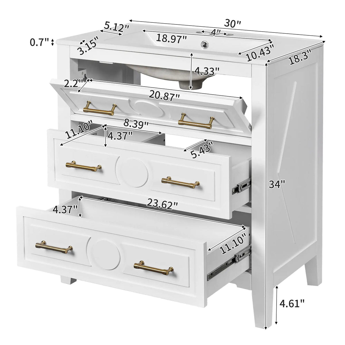 30 Inch Retro Bathroom Vanity | Free Standing Single Set | 3 Drawers | Solid Wood Frame