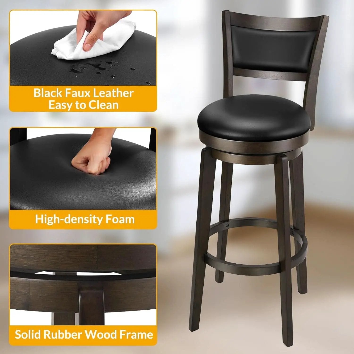 Swivel Bar Stools Set of 2 Black Faux Leather 34 Inch from PriceLows™