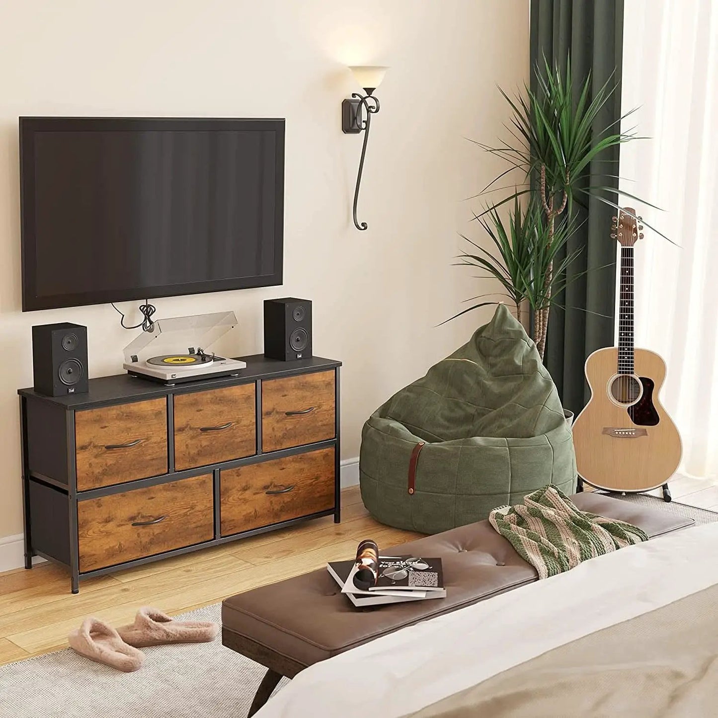 Rustic Wood 5 Drawer Dresser For Bedroom Storage Cabinet from PriceLows™