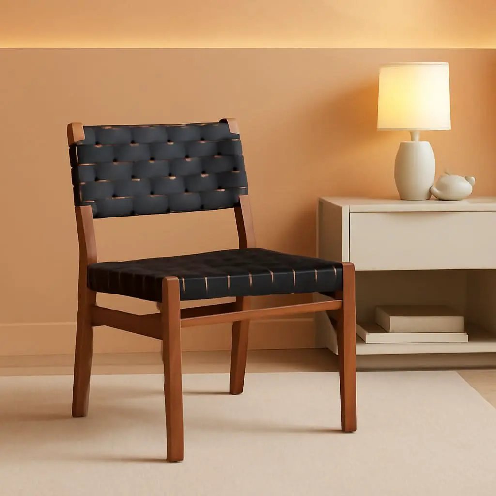 Set Of 2 Armless Dining Chairs With Rope Weave PU Leather Walnut Black from PriceLows™