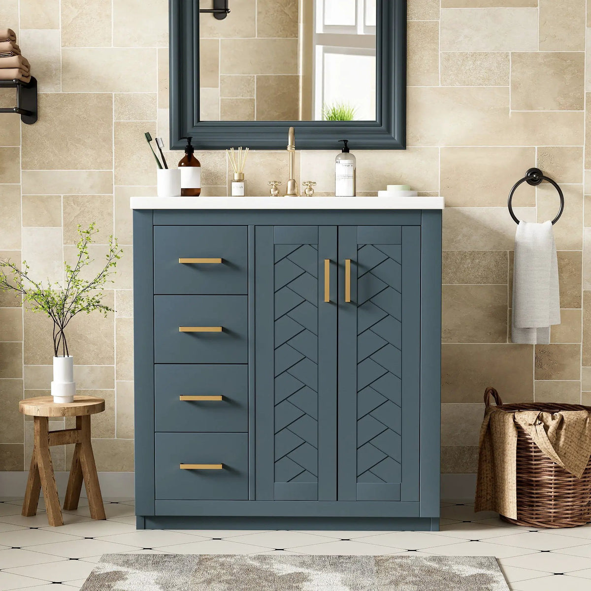 30 Inch Bathroom Vanity | 3 Drawers Soft Close | Solid Wood Ceramic Combo