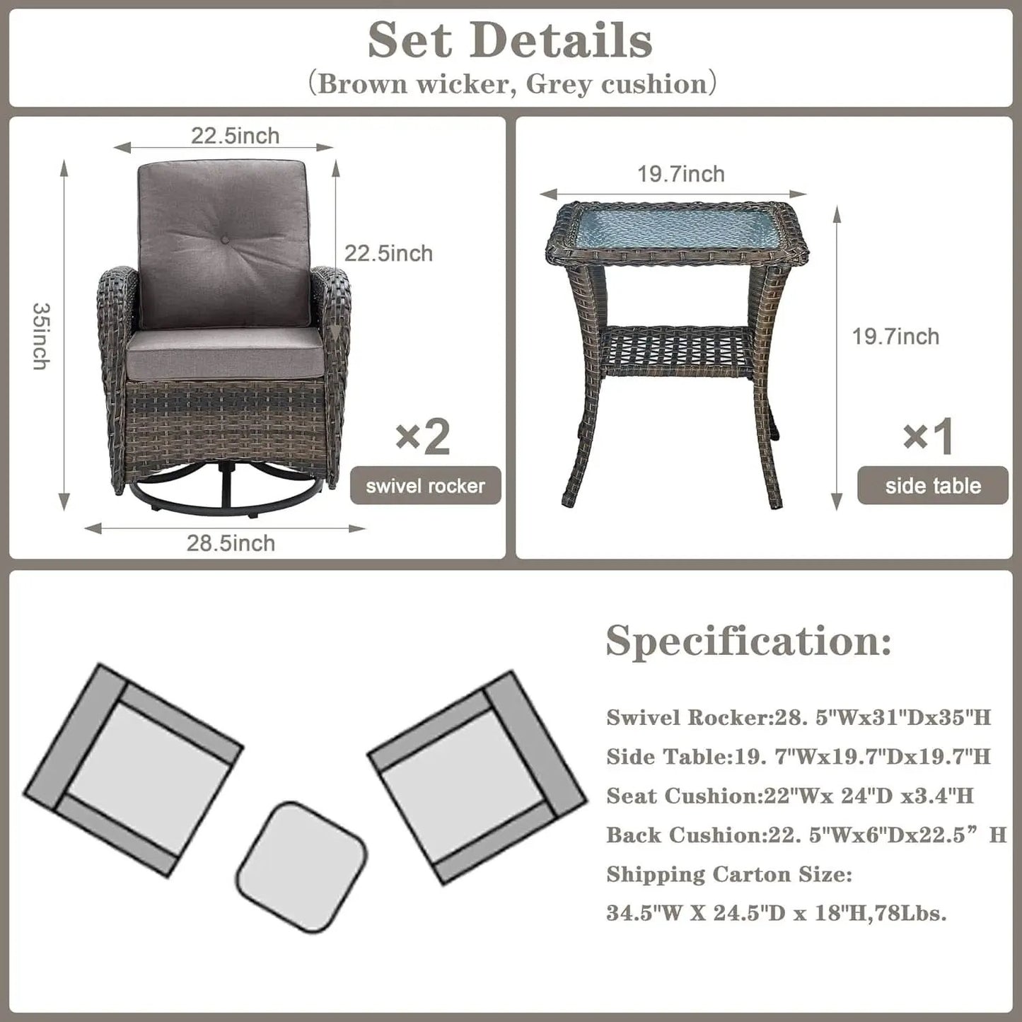 Brown Wicker Swivel Patio Set 2 Chairs Glass Table from PriceLows™