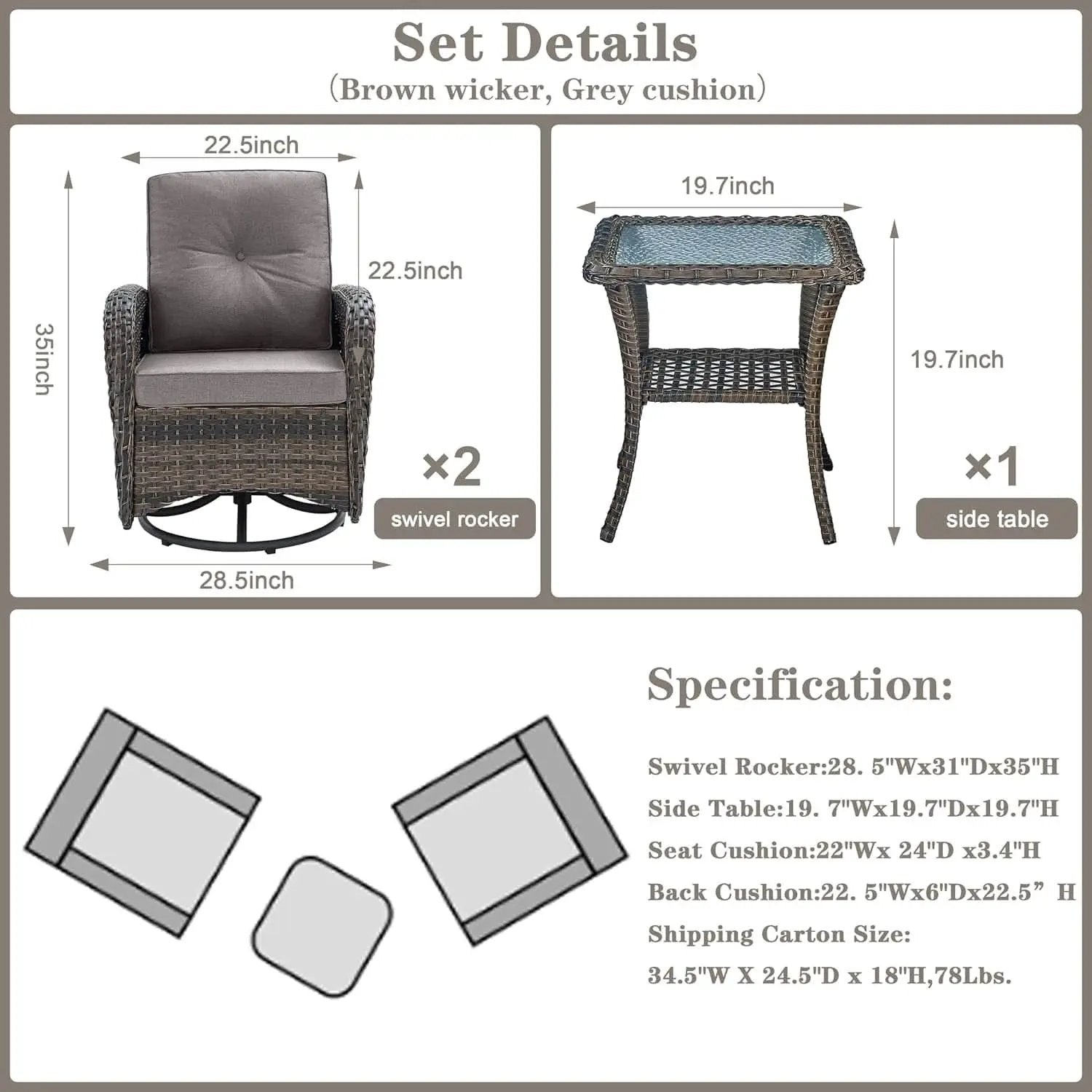 Brown Wicker Swivel Patio Set 2 Chairs Glass Table from PriceLows™