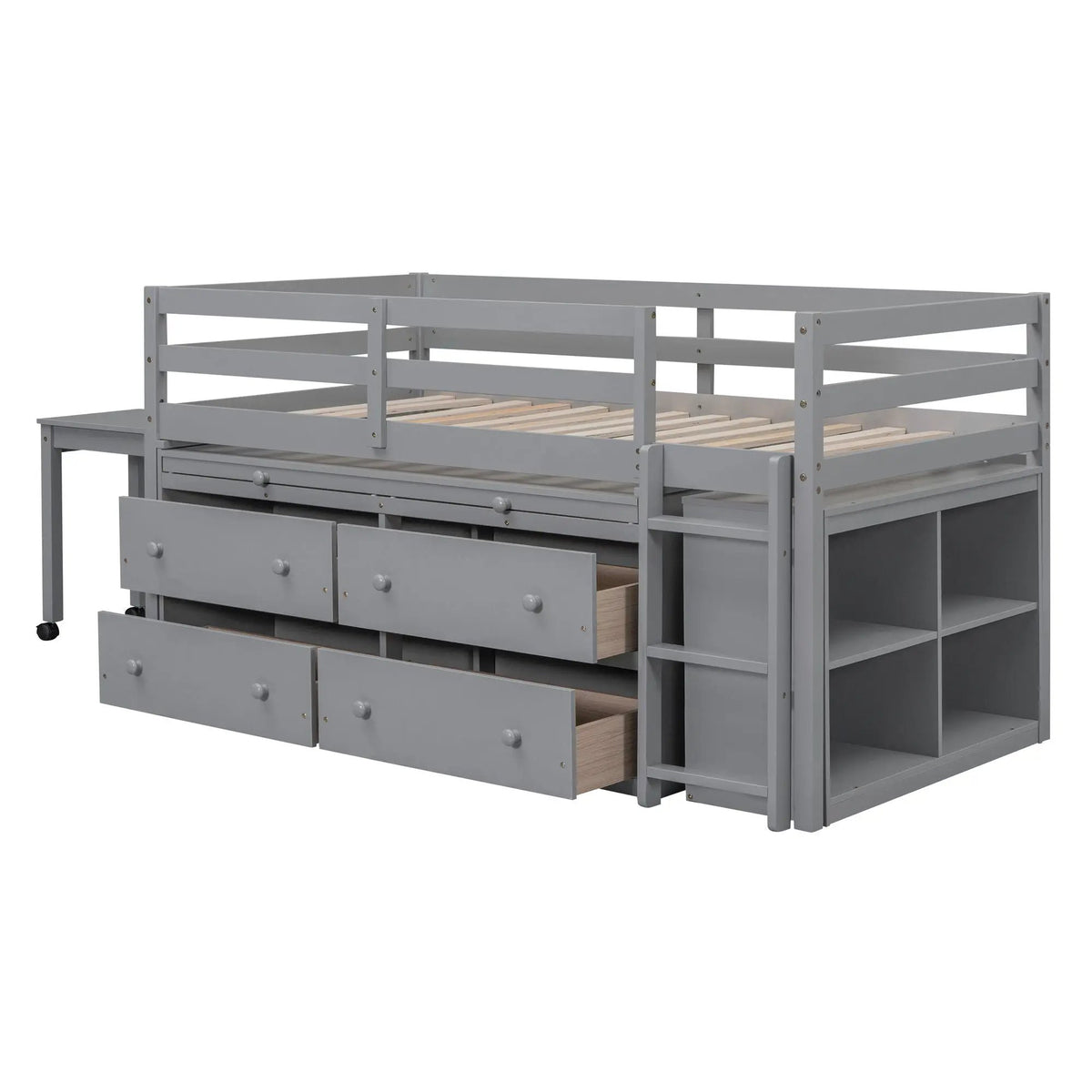 Loft Bed With Retractable Desk | 4 Front Drawers | Lateral Portable Desk | Side Shelves