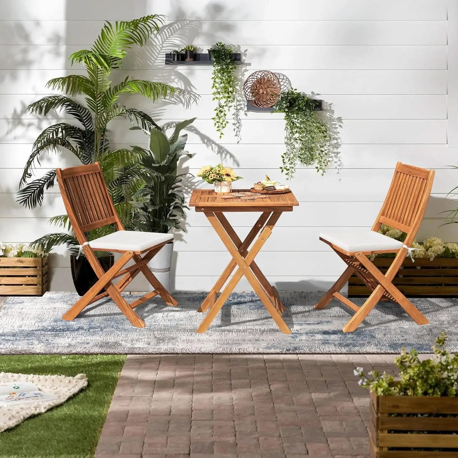 Acacia Wood Outdoor Folding Patio Bistro Set 3 Piece Table And Chairs from PriceLows™