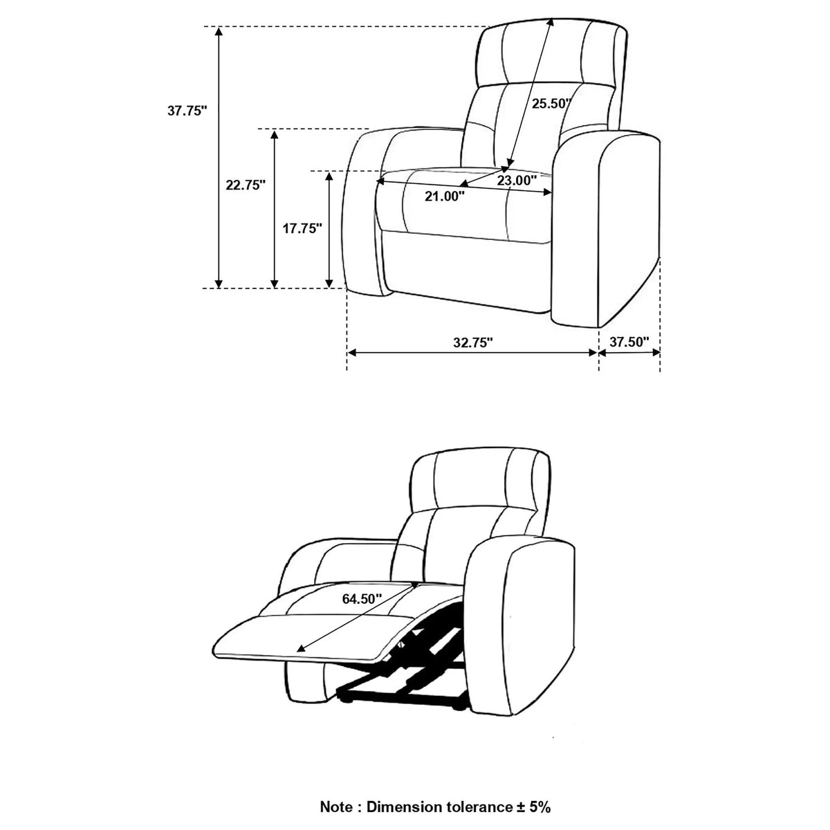 Upholstered Recliner | Cup Holder Armrests | High Back Cushion | Black