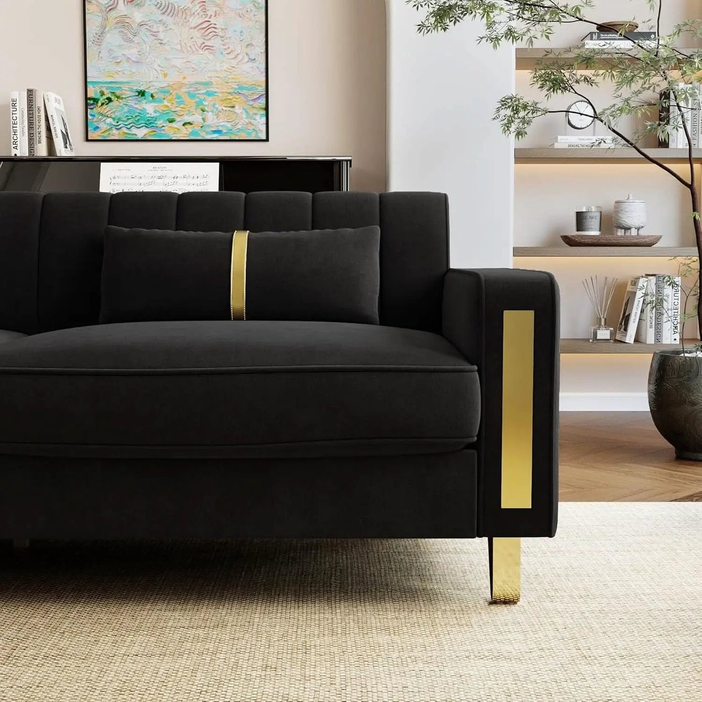 Two Piece Loveseat Sofa Set For Living Room 86 Inch Black Velvet Upholstery Quality Living Room Furniture from PriceLows™