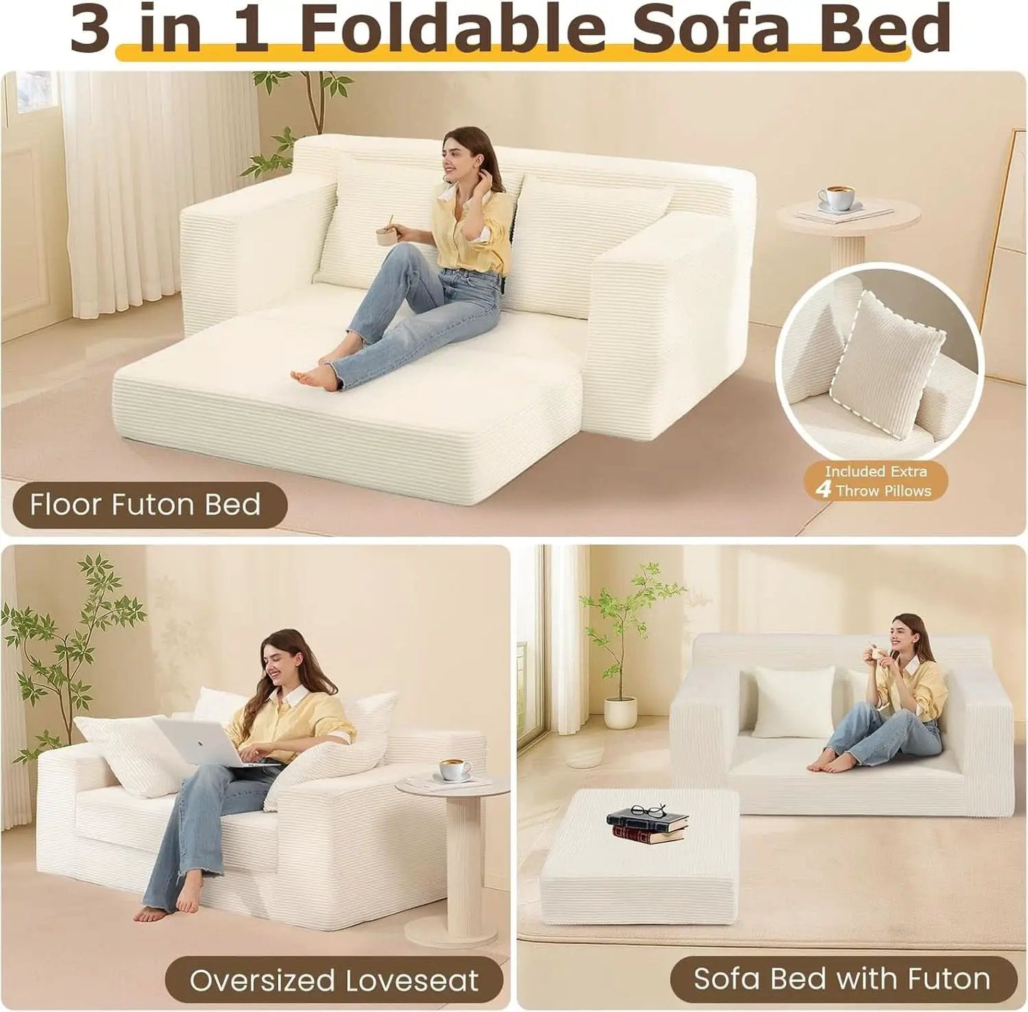 Corduroy Convertible Sofa Bed Three In One BeigeTone Sleeper from PriceLows™