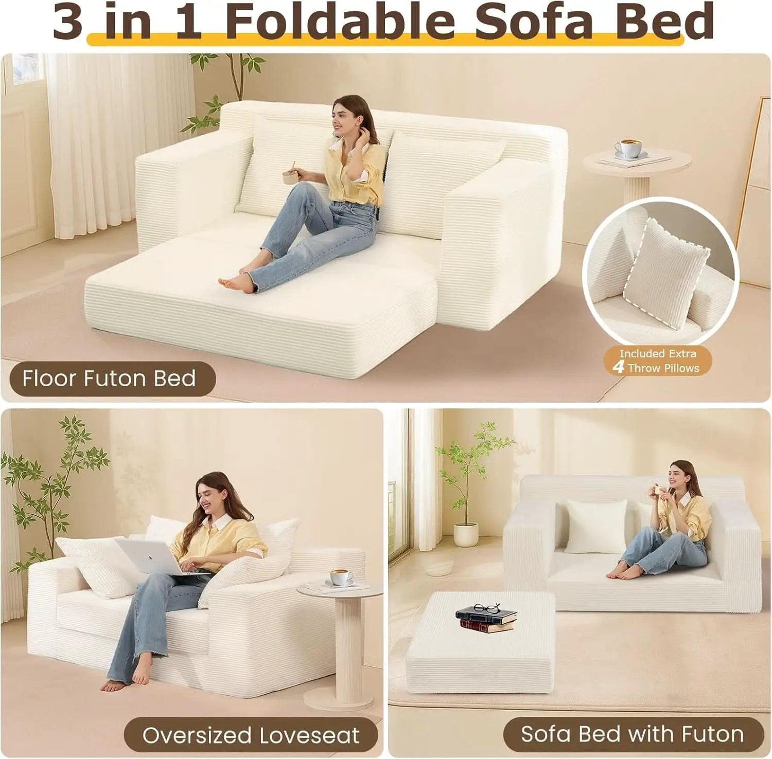 Corduroy Convertible Sofa Bed Three In One BeigeTone Sleeper from PriceLows™
