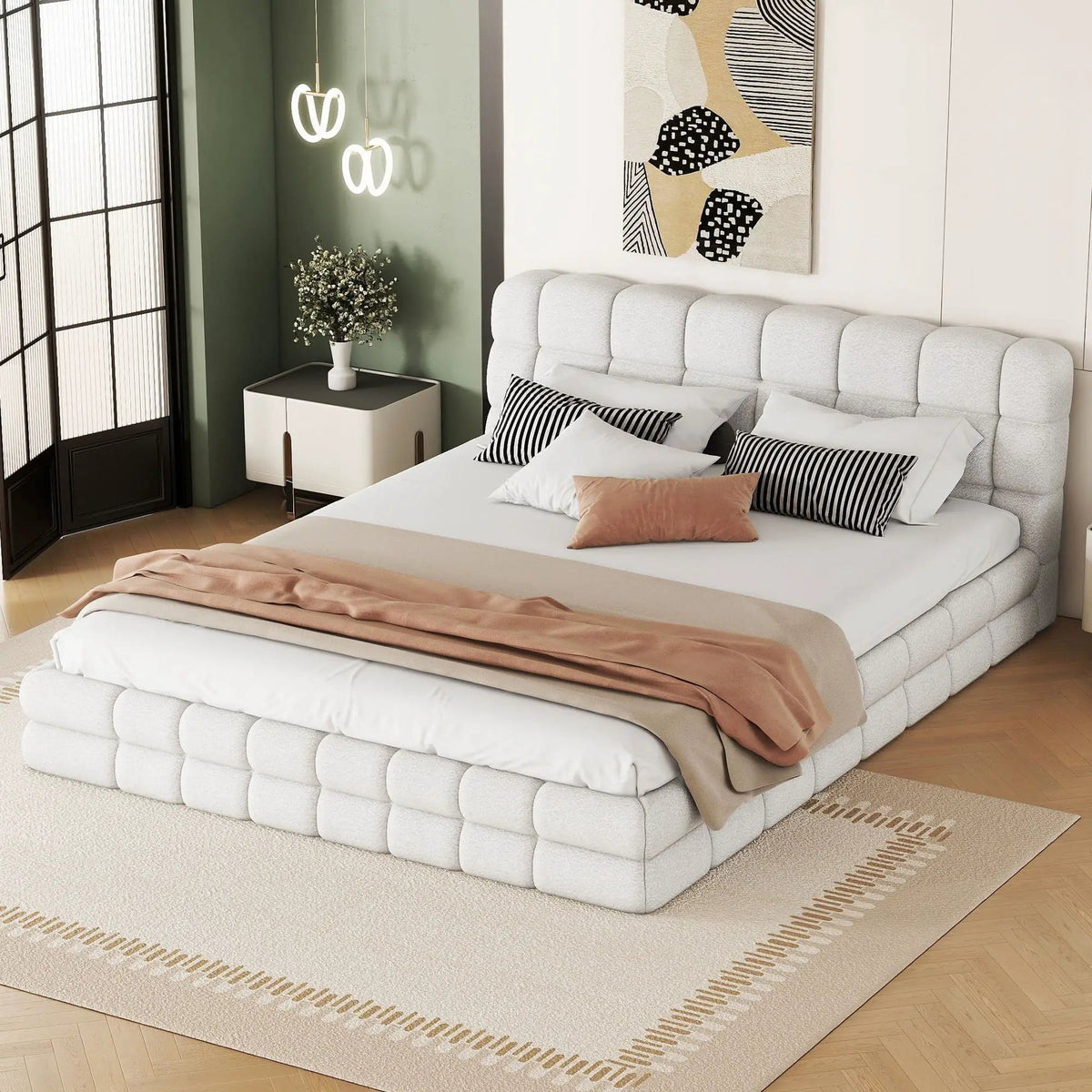 Upholstered Platform Bed With Headboard | 3 Pieces | Pine Wood & Metal | Bedroom