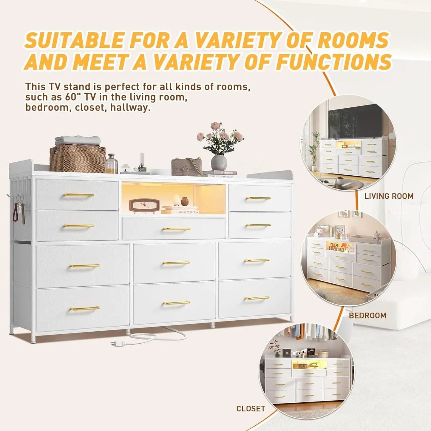 Bedroom Dresser With 11 Drawers And 60 Inch TV Stand White from PriceLows™