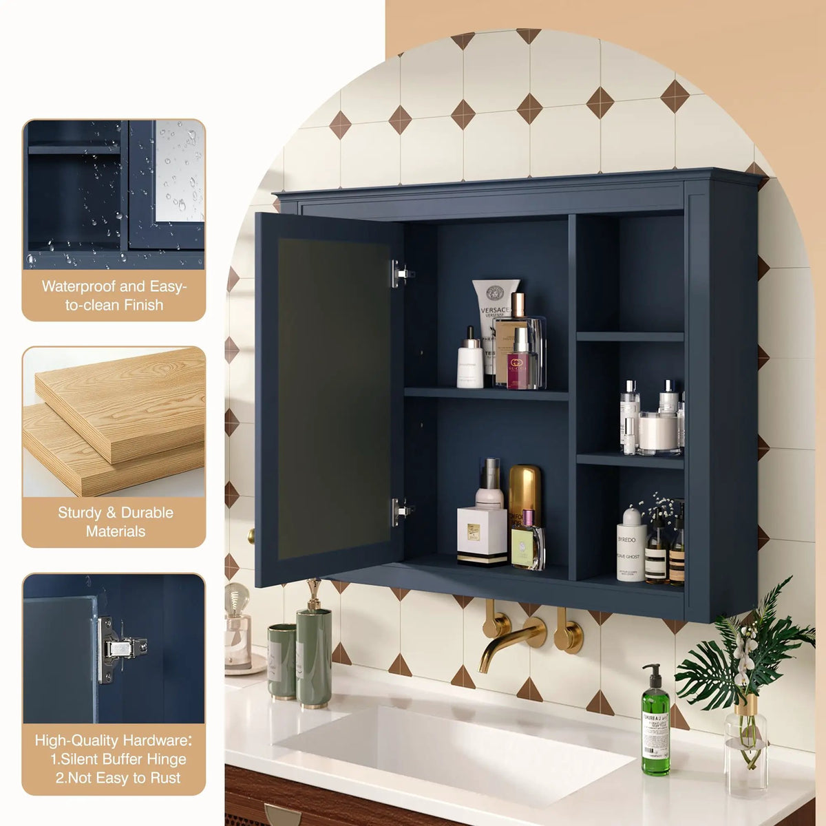Wall Mounted Medicine Cabinet | Adjustable Interior | 6 Open Shelves