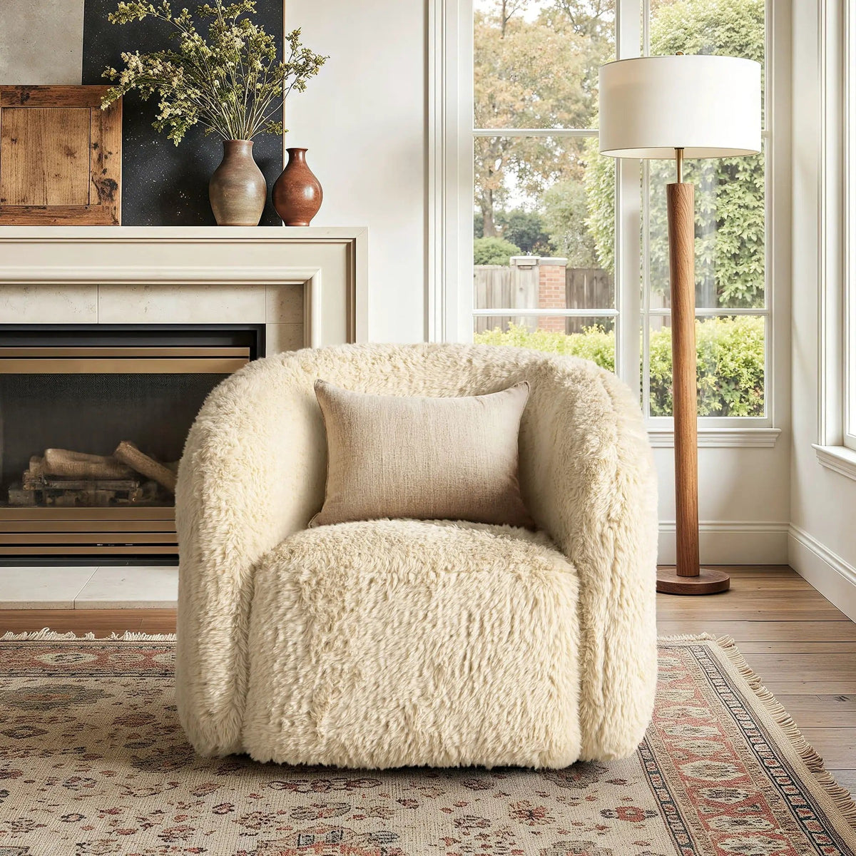 Colt Fur Swivel Upholstered Barrel Accent Arm Chair | 31.5 x 33 x 28 in | Living Room Furniture | Cream Beige