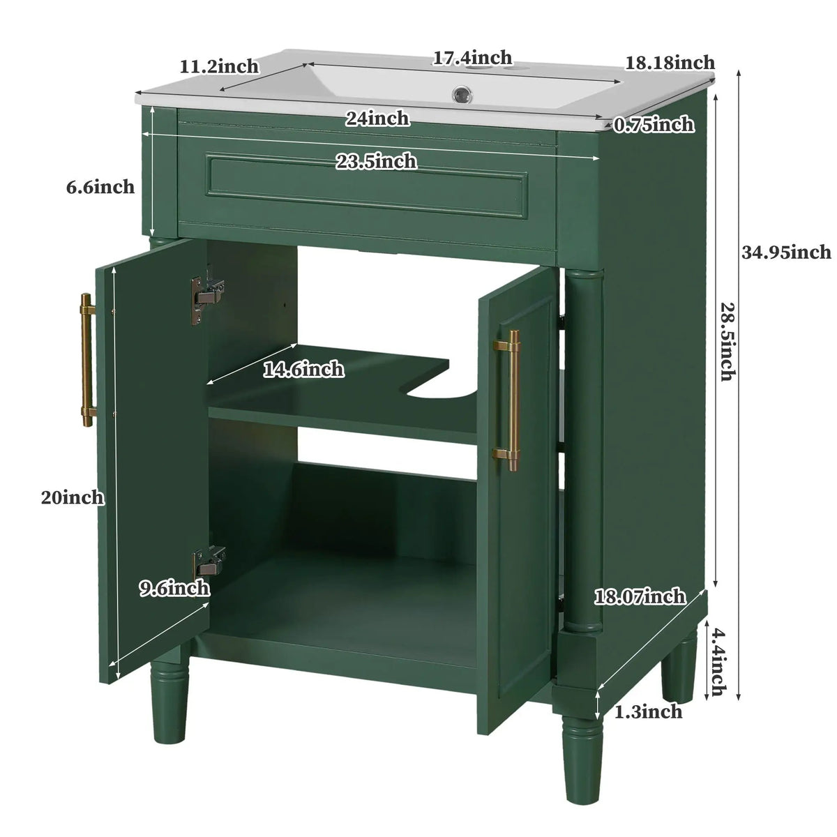 24 Inch Bathroom Vanity | Integrated Sink | 2 Door Cabinet | Small To Medium Bathrooms