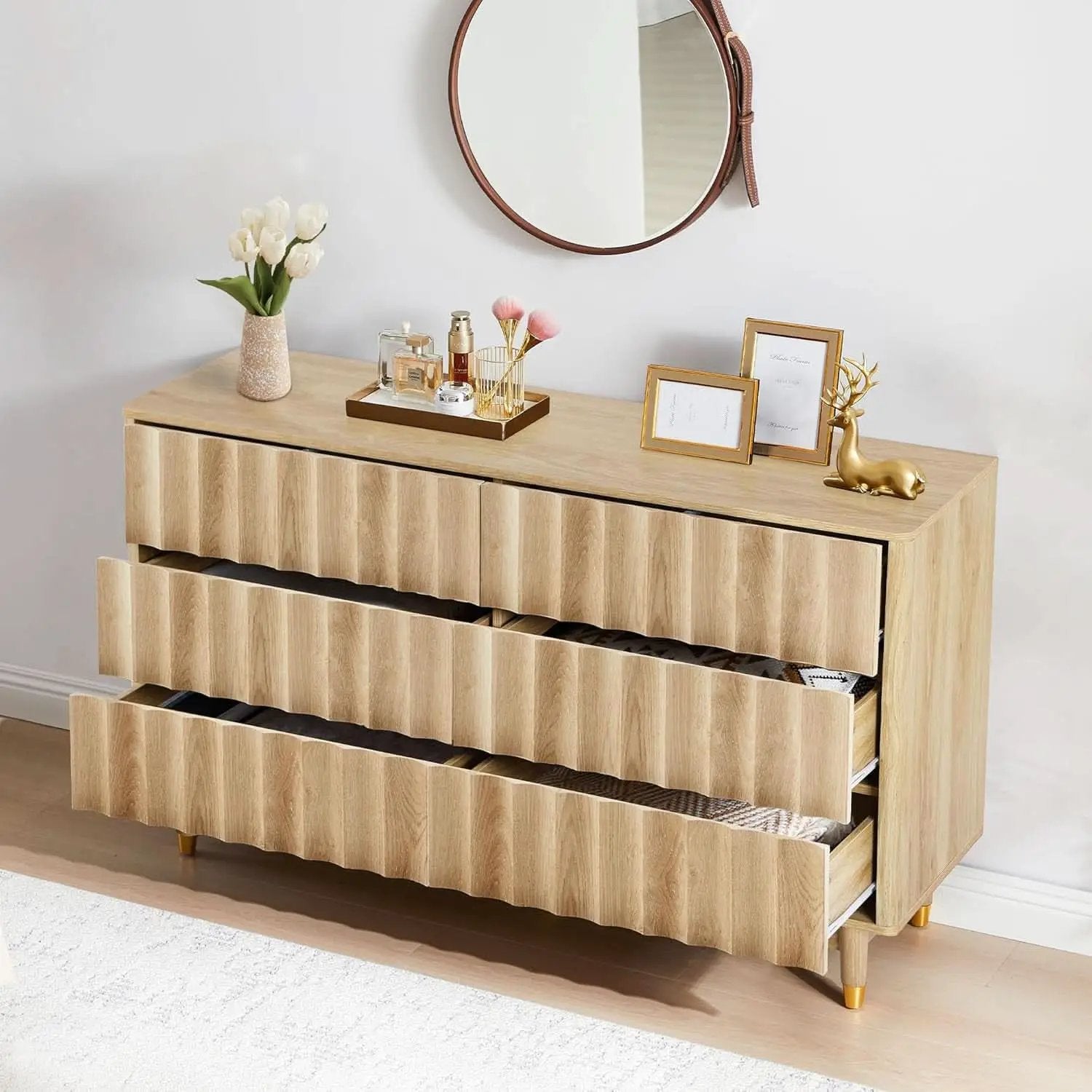 Fluted Six Drawer Dresser Walnut Finish FiftyThreeInchWide from PriceLows™
