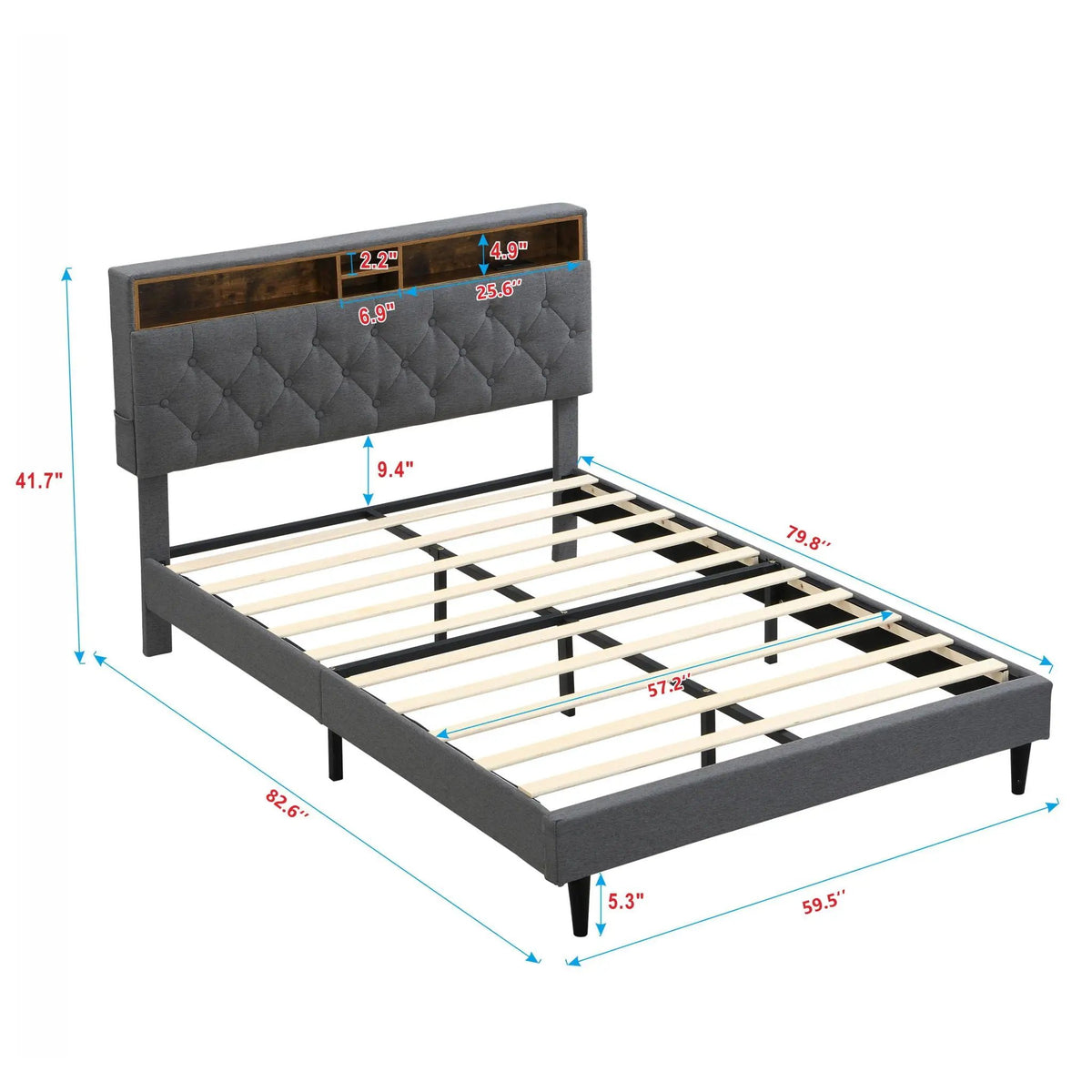 Upholstered Platform Bed Frame | Button Tufted Headboard | Two Storage Compartments | USB Ports And Outlets