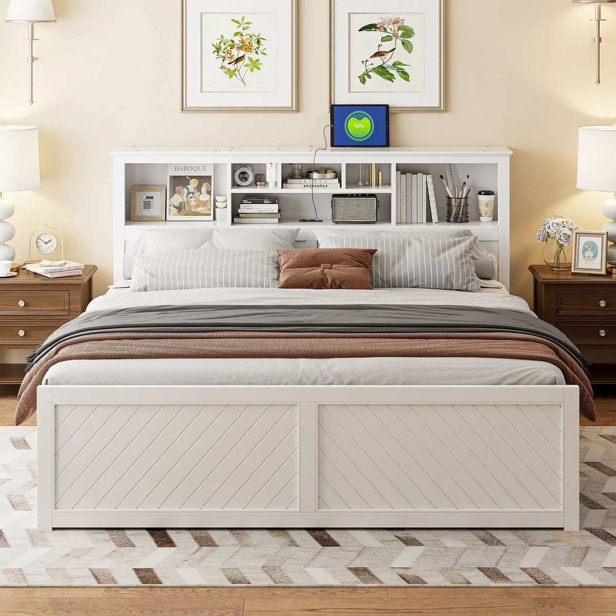 Platform Bed | Storage Headboard | USB Outlets | Solid Pine