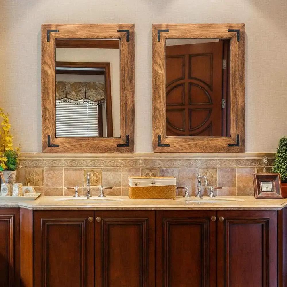 Rustic Wood Framed Wall Mirror 32 Inch Brown Vanity from PriceLows™