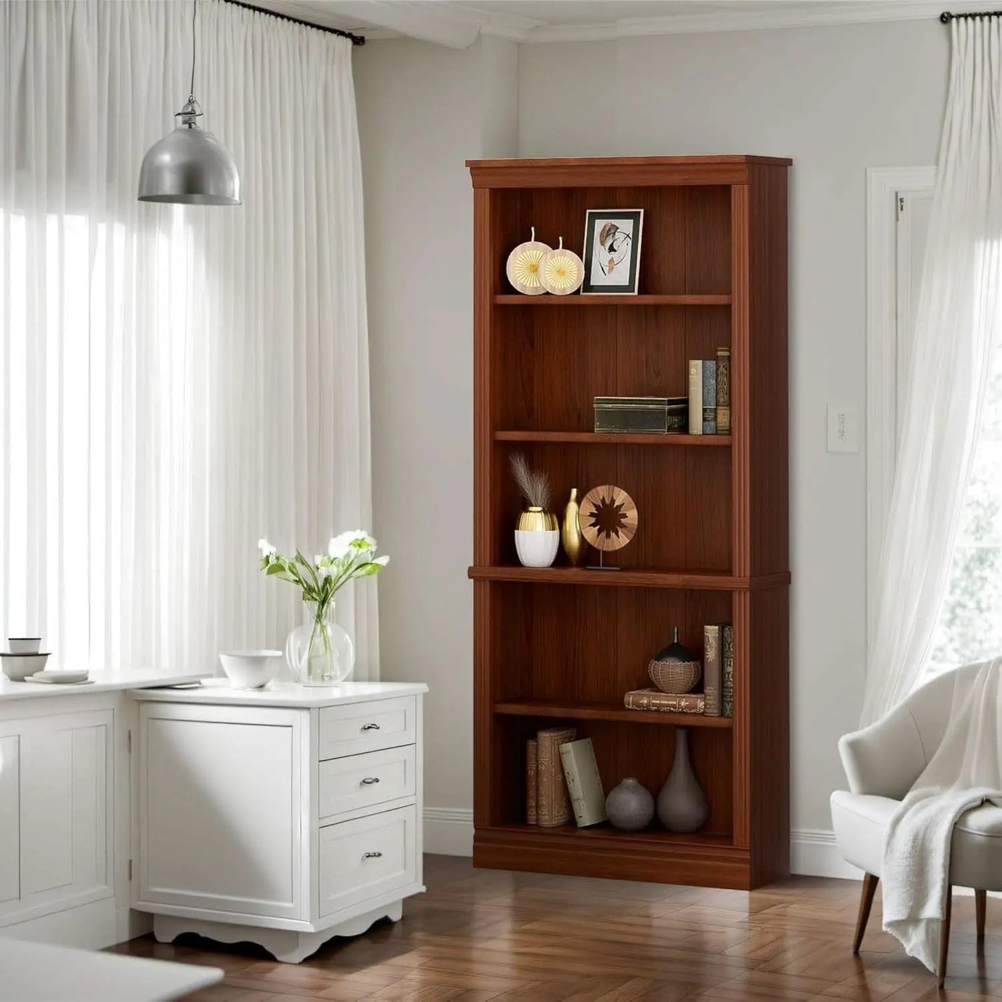 Five Shelf Tall Bookcase 72 Inch Cherry Wood Open Display from PriceLows™