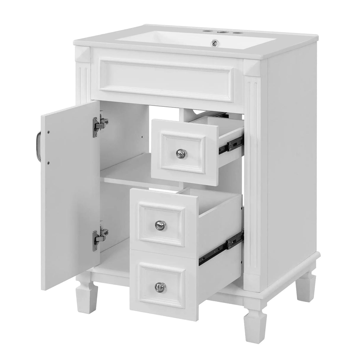 24 Inch Compact Bathroom Vanity | 2 Deep Drawers | Adjustable Shelf | Retro Button Handles