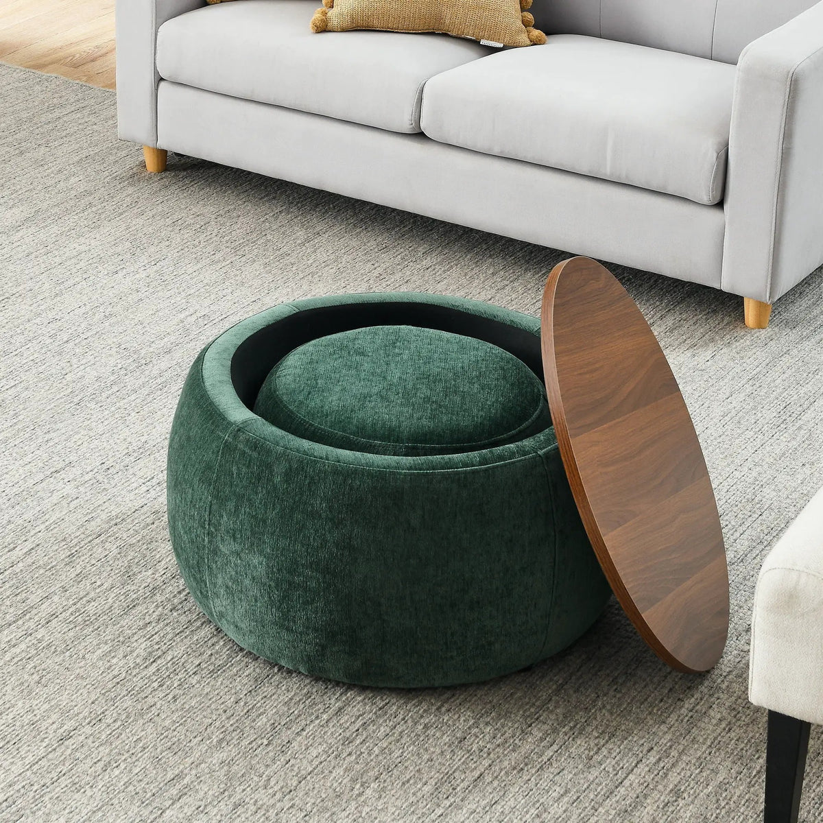 Round Storage Ottoman | Pleated Fabric | Removable Lid