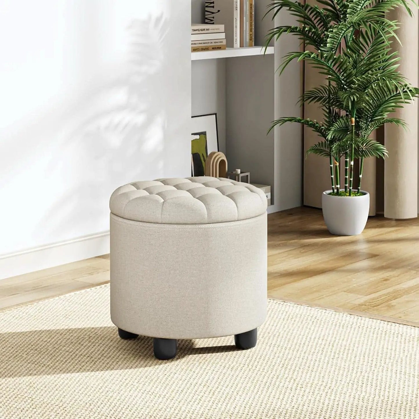 Beige Round Storage Ottoman Featuring Removable Lid from PriceLows™