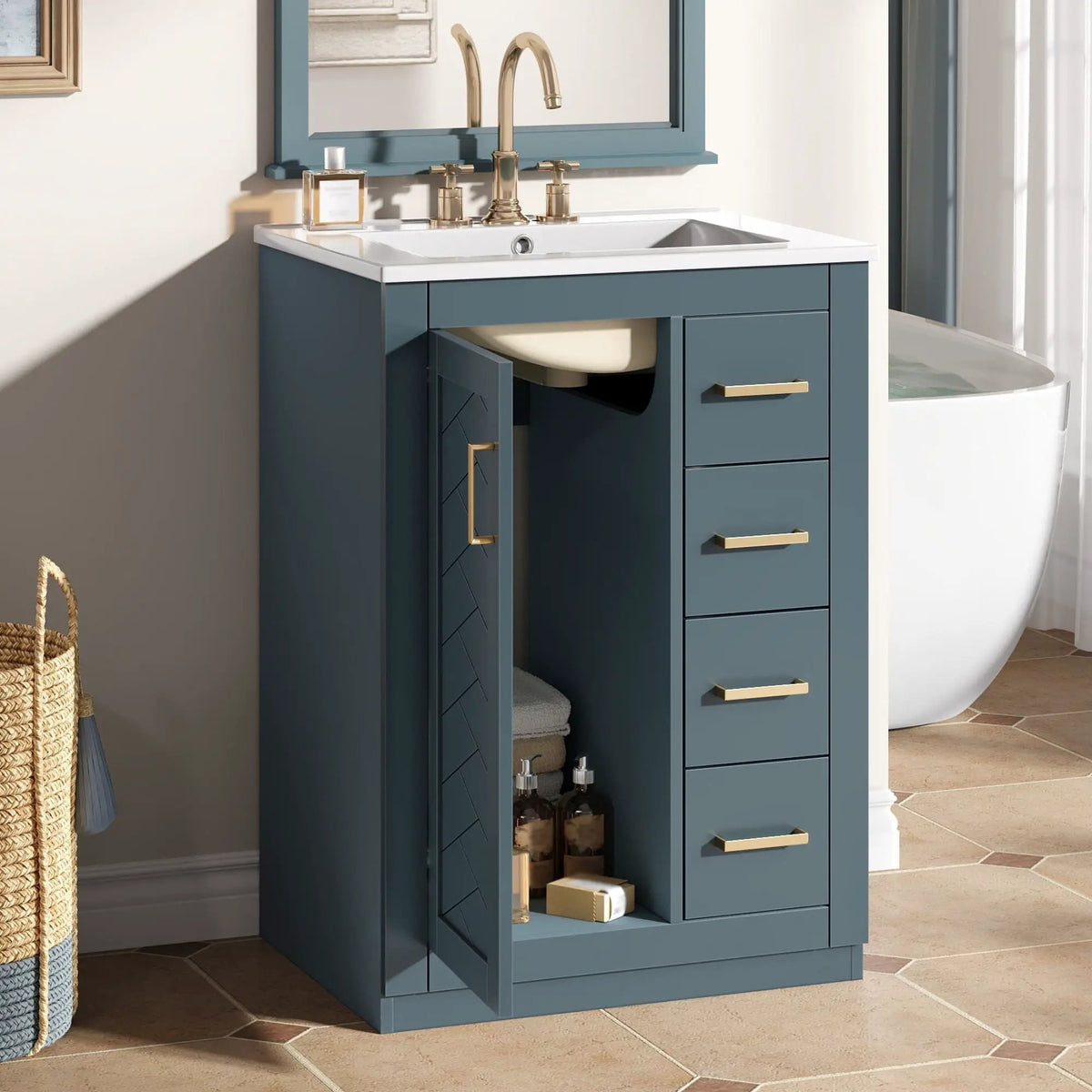 24 Inch Modern Bathroom Vanity | 1 Door 3 Drawers | Ceramic Sink | Compact Footprint