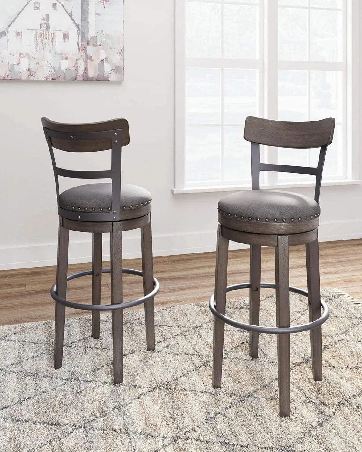 30 Inch Gray Upholstered Swivel Farmhouse Bar Stool from PriceLows™